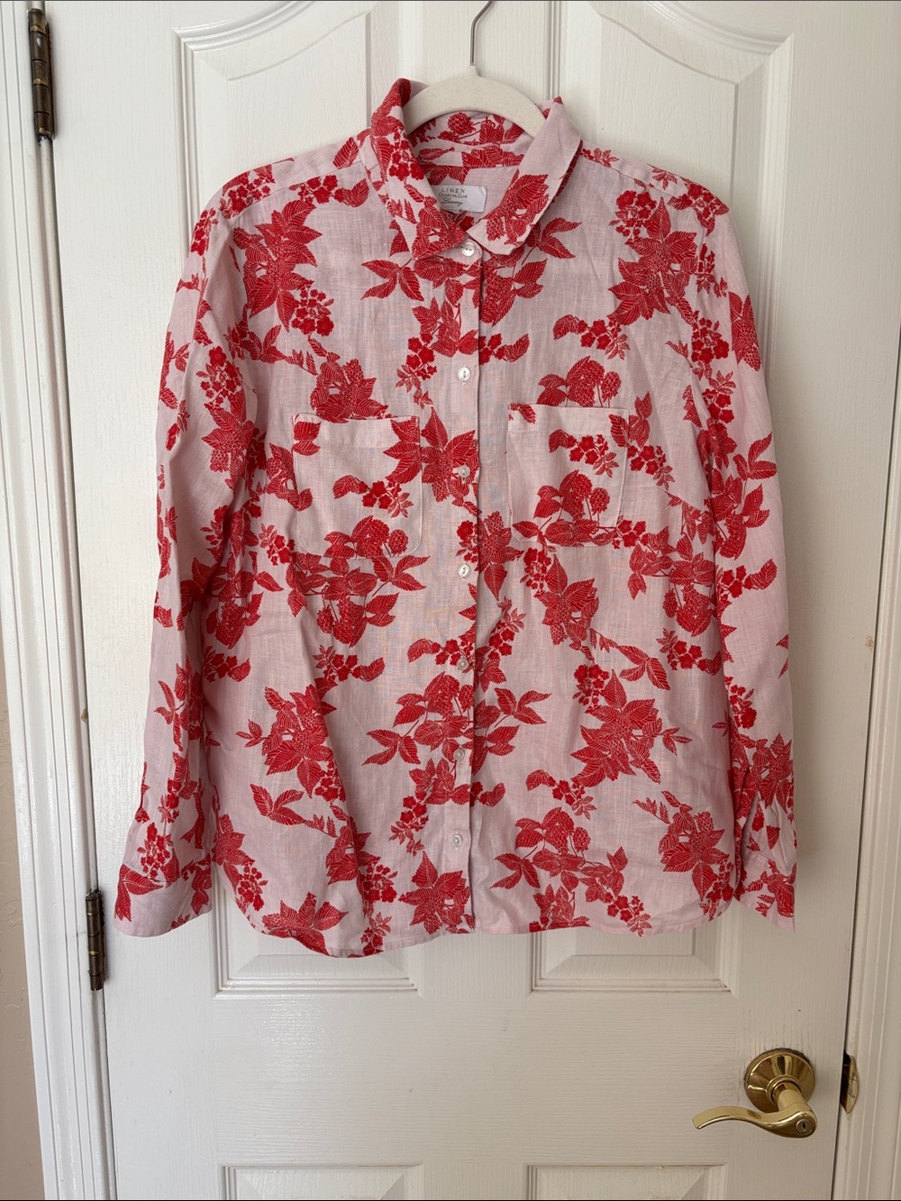 Linen Charter Club Luxury Pink & Red Floral 100% Linen Button-up Shirt ~
